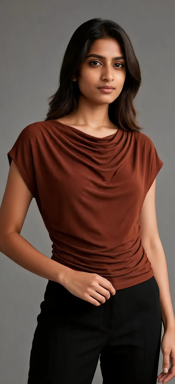 Brown_Lycra_Ruched_Draped_Fitted_Top_For_Women