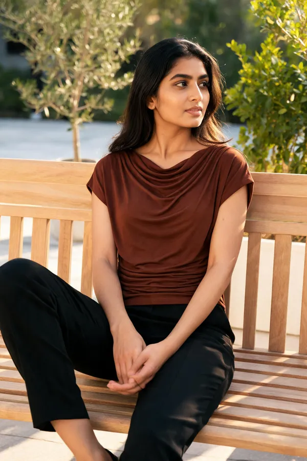 Brown_Lycra_Ruched_Draped_Fitted_Top_For_Women