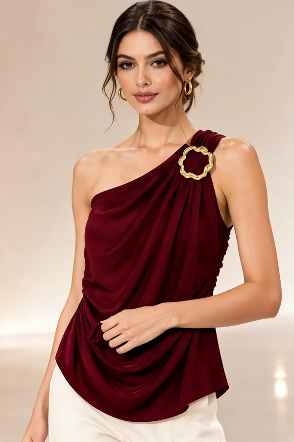 Burgundy_Lycra_One_Shoulder_Draped_Top_For_Women