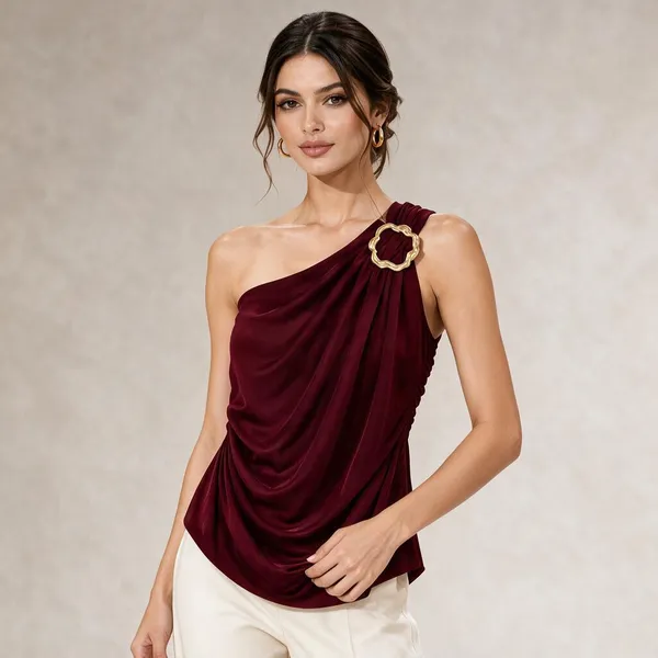 Burgundy_Lycra_One_Shoulder_Draped_Top_For_Women
