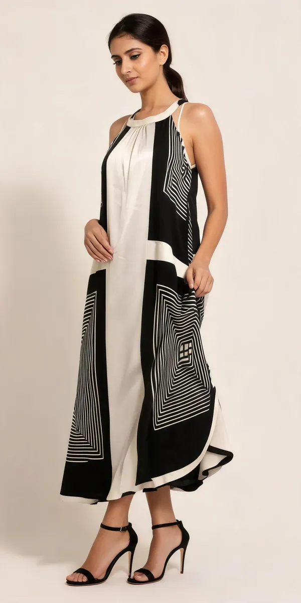 Black_White_Satin_Geometric_Print_Halter_Maxi_Dress_For_Women
