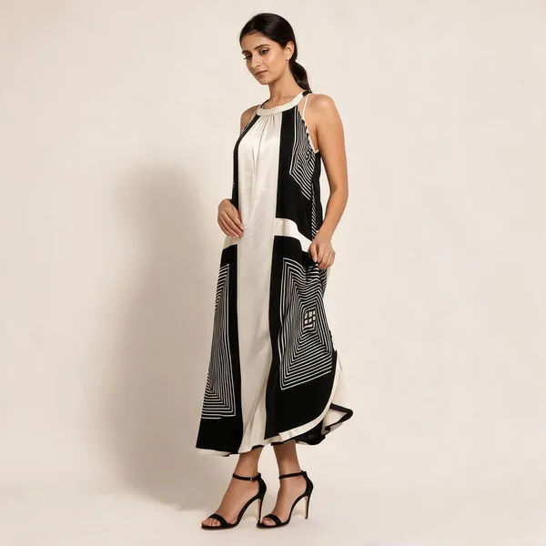 Black_White_Satin_Geometric_Print_Halter_Maxi_Dress_For_Women