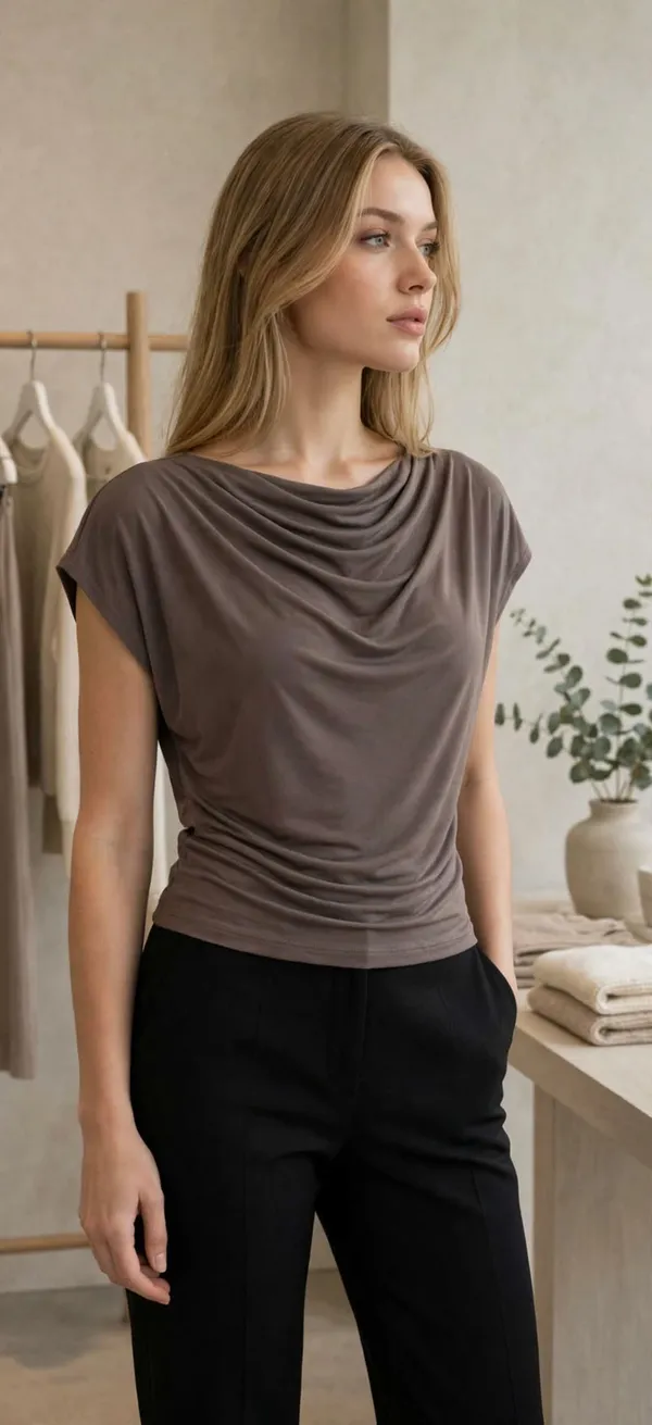 Taupe_Cowl_Neck_Ruched_Top_for_Women