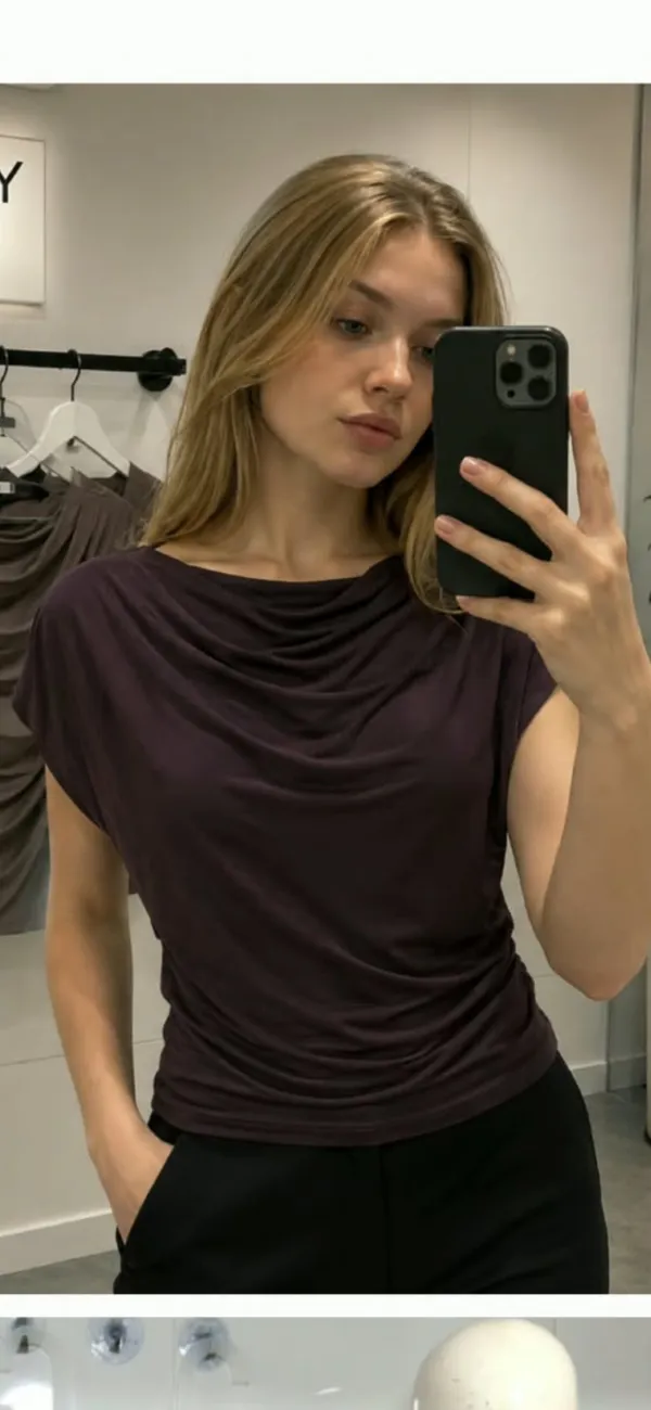 Dark_Brown_Draped_Fit_Short_Sleeve_Top_for_Women