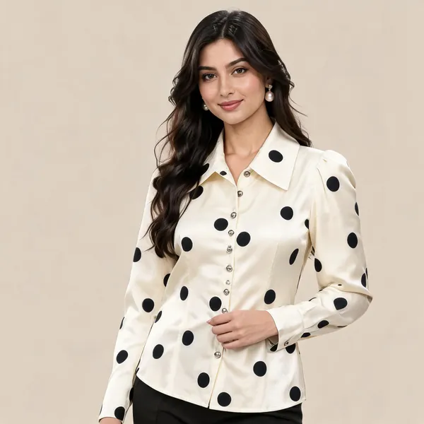 Cream_Satin_Polka_Dot_Button_Down_Shirt_For_Women