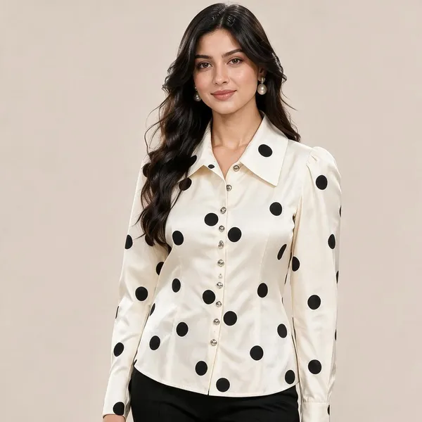 Cream_Satin_Polka_Dot_Button_Down_Shirt_For_Women