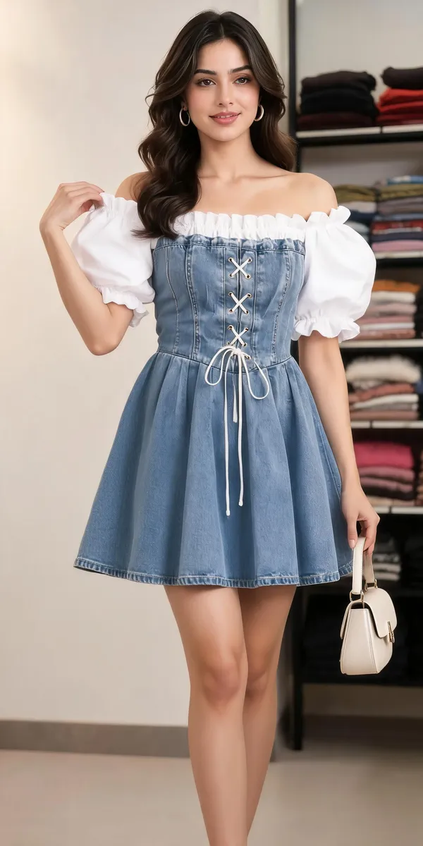 Blue_Denim_Off_Shoulder_Puff_Sleeve_Fit_And_Flare_Dress_For_Women