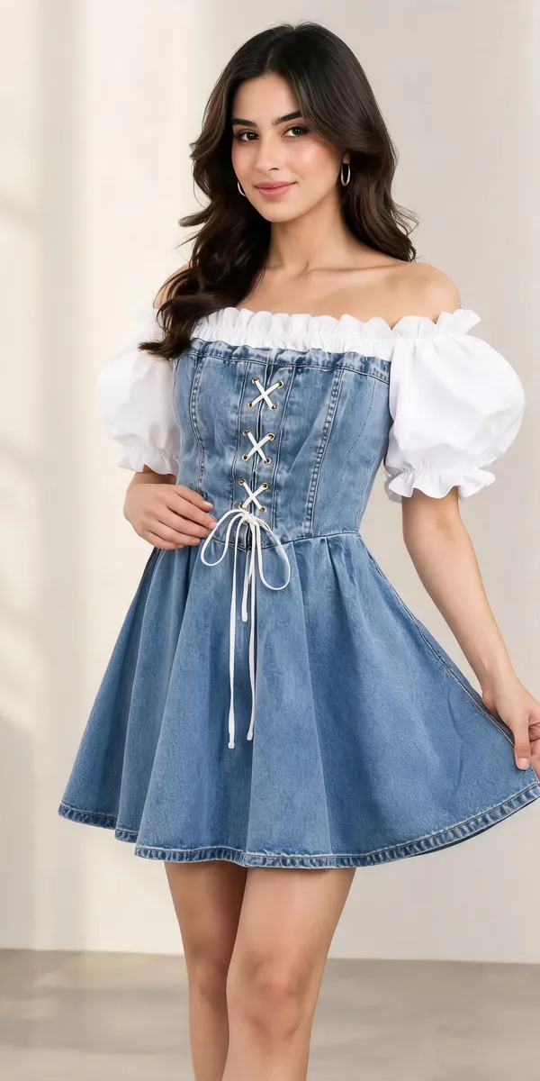 Blue_Denim_Off_Shoulder_Puff_Sleeve_Fit_And_Flare_Dress_For_Women