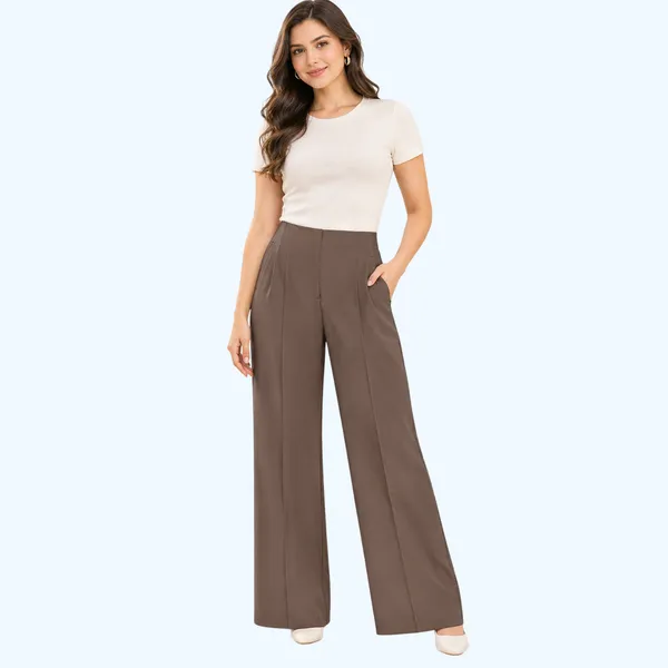 Brown_Polyester_Wide_Leg_Pleated_Trousers_For_Women