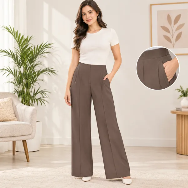 Brown_Polyester_Wide_Leg_Pleated_Trousers_For_Women