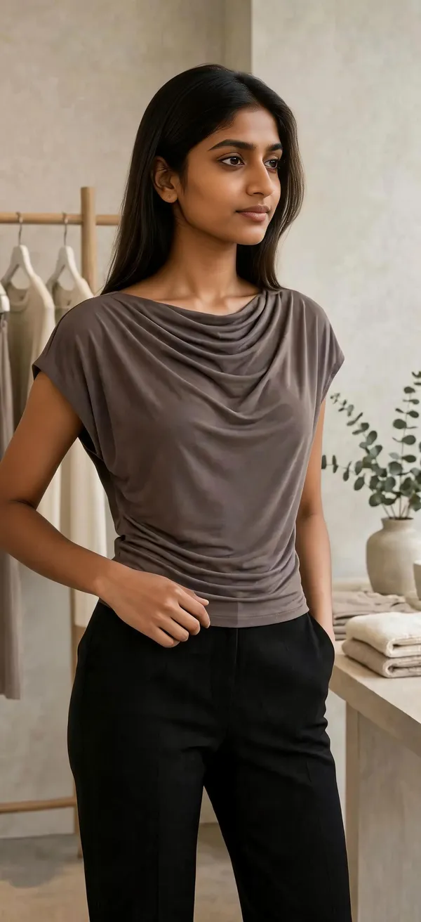 Taupe_Lycra_Cowl_Neck_Ruched_Fitted_Top_For_Women