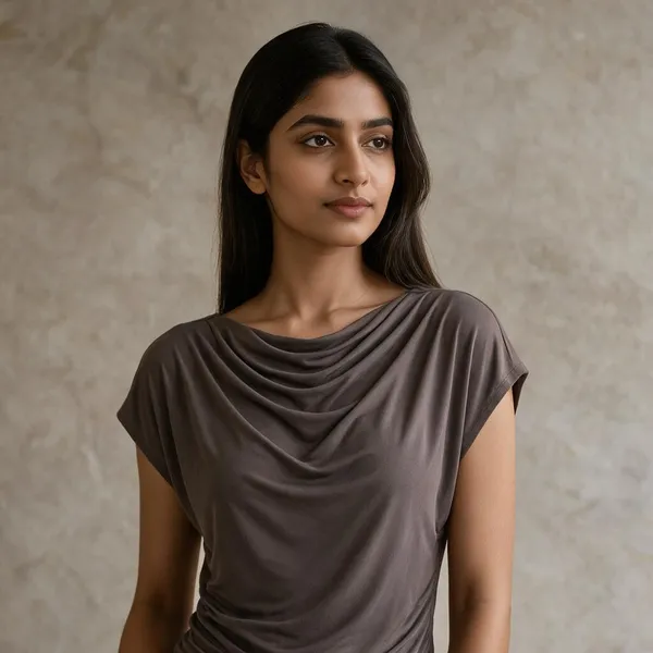 Taupe_Lycra_Cowl_Neck_Ruched_Fitted_Top_For_Women