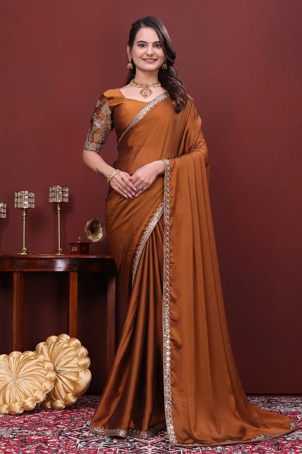Brown_Satin_Embroidered_Saree_For_Women