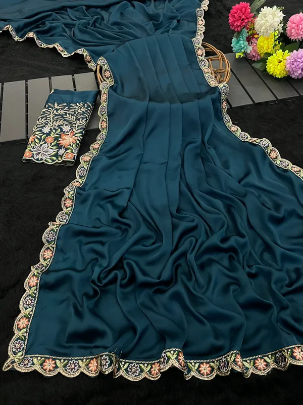 Teal_Embroidered_Saree_For_Women