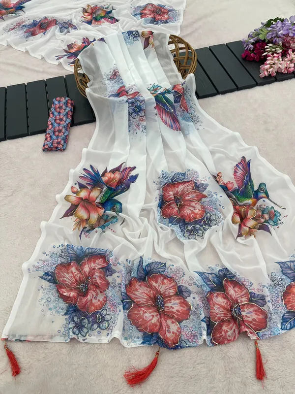 White_Chiffon_Floral_Printed_Saree_For_Women