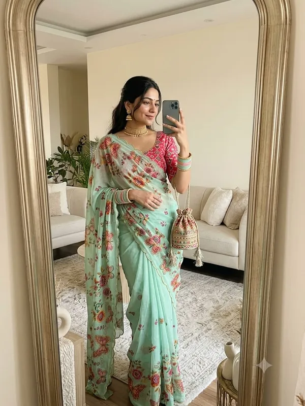 Mint_Green_Floral_Print_Saree_For_Women