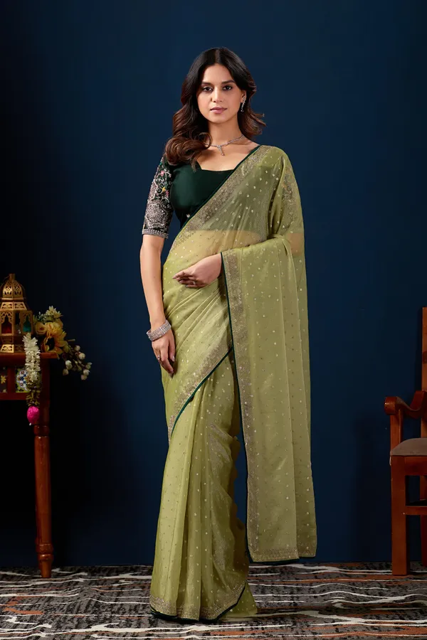 Olive_Green_Organza_Embellished_Saree_For_Women