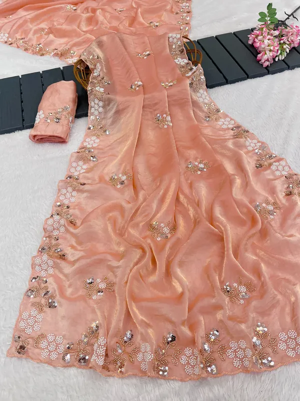 Peach_Organza_Embellished_Saree_For_Women