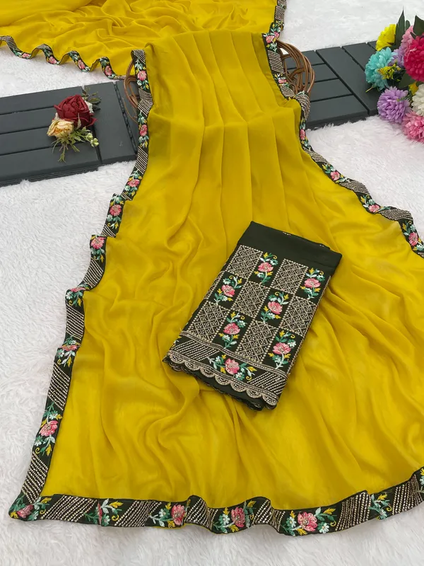 Yellow_Satin_Floral_Border_Saree_For_Women