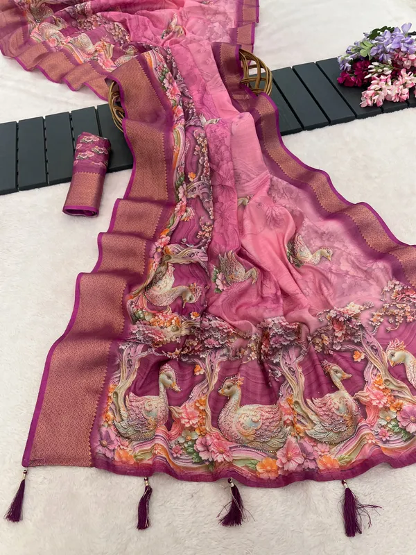 Pink_Printed_Peacock_Border_Saree_For_Women