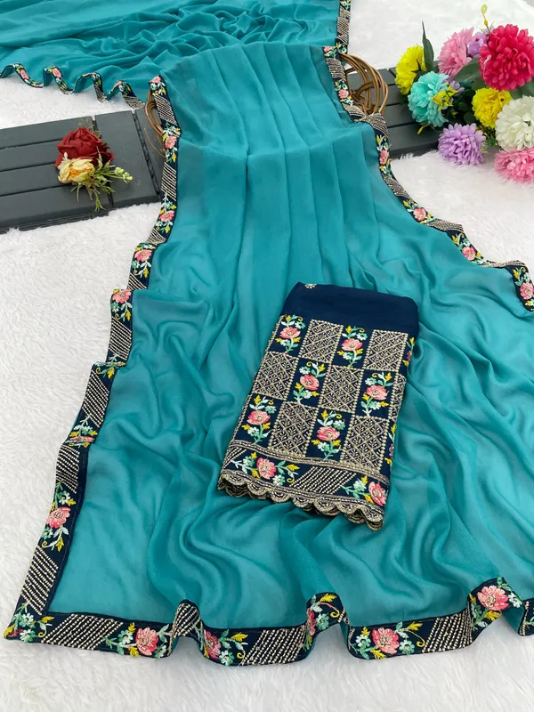 Teal_Floral_Border_Saree_For_Women