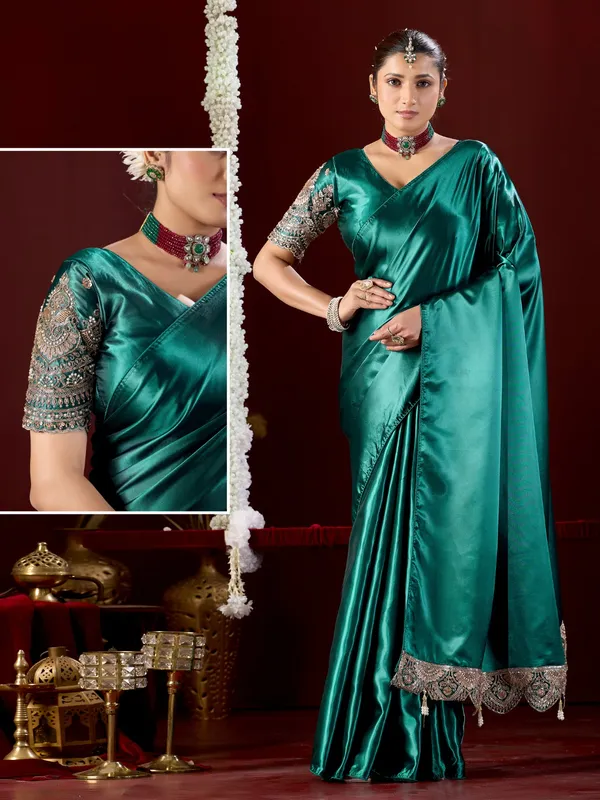 Teal_Satin_Embroidered_Saree_For_Women