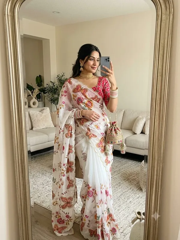Cream_Floral_Print_Saree_For_Women