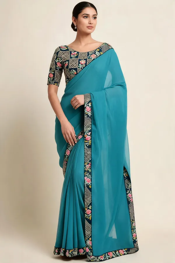 Teal_Floral_Border_Saree_For_Women