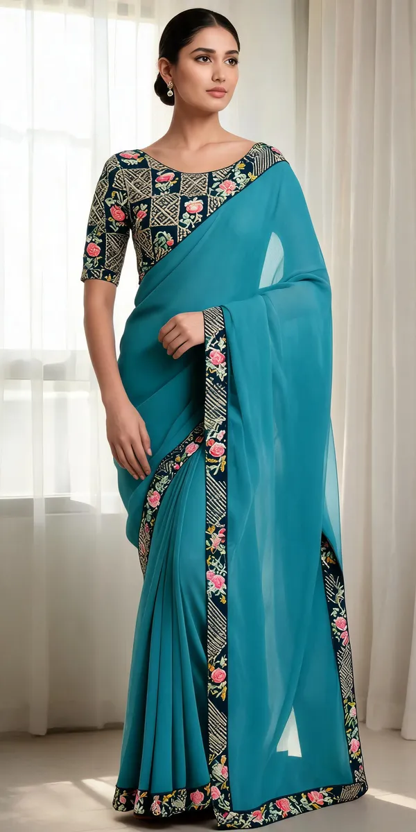 Teal_Floral_Border_Saree_For_Women