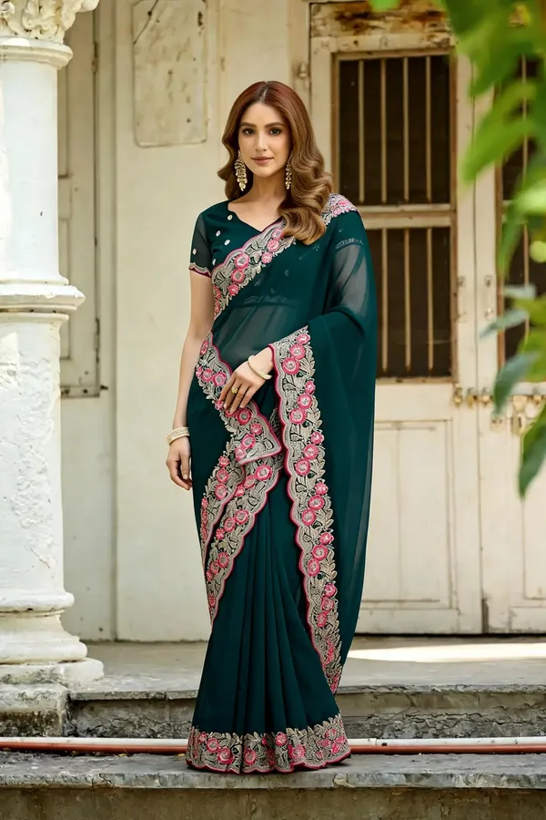 Teal_Embroidered_Saree_For_Women
