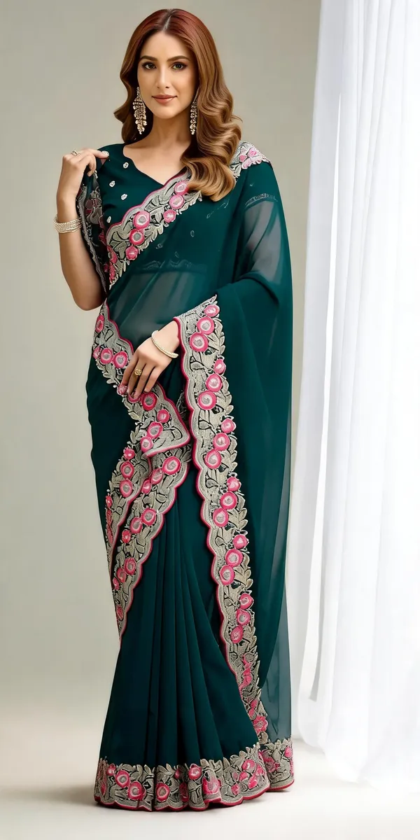 Teal_Embroidered_Saree_For_Women