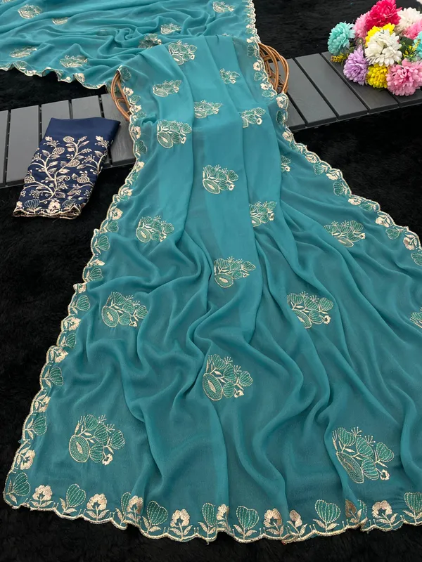 Teal_Embroidered_Saree_For_Women