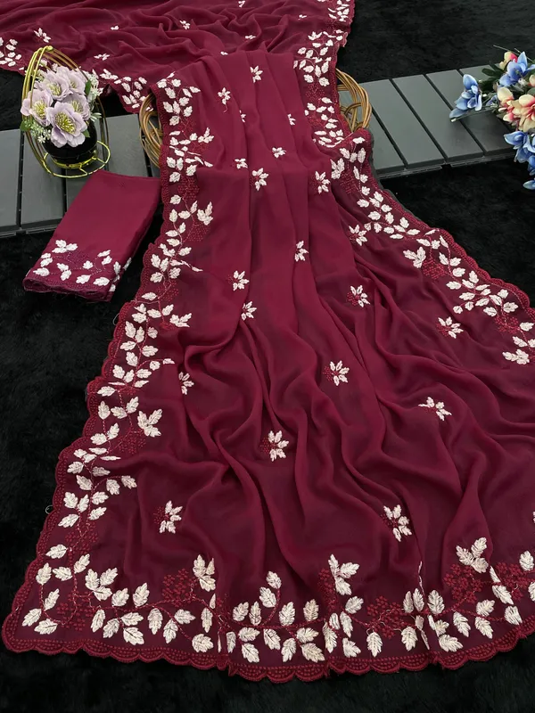 Maroon_Georgette_Embroidered_Saree_For_Women