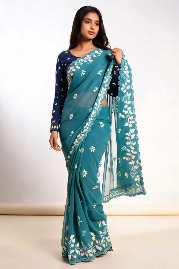 Teal_Floral_Embroidered_Saree_For_Women