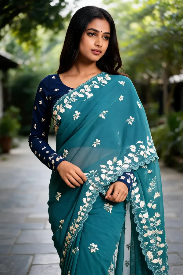 Teal_Floral_Embroidered_Saree_For_Women