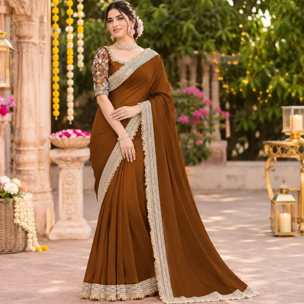 Brown_Embroidered_Saree_Set_For_Women