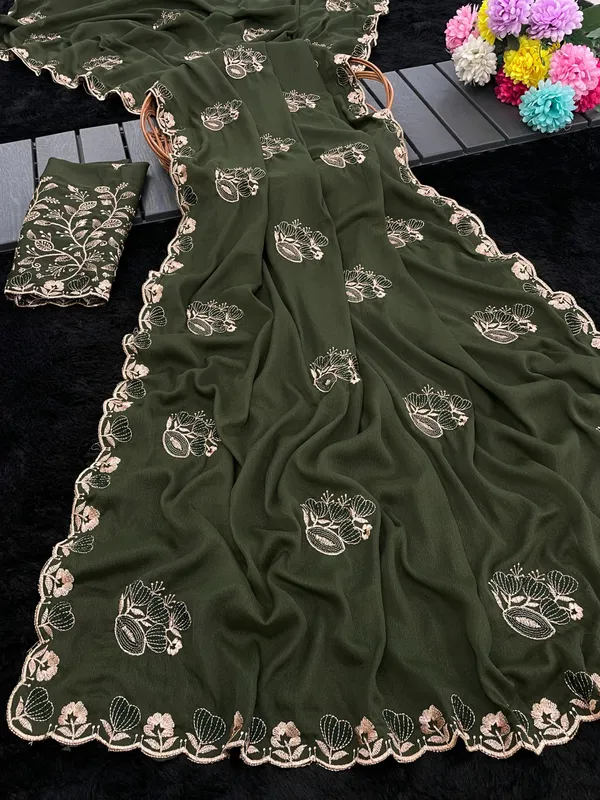 Olive_Embroidered_Saree_With_Blouse_Piece_For_Women