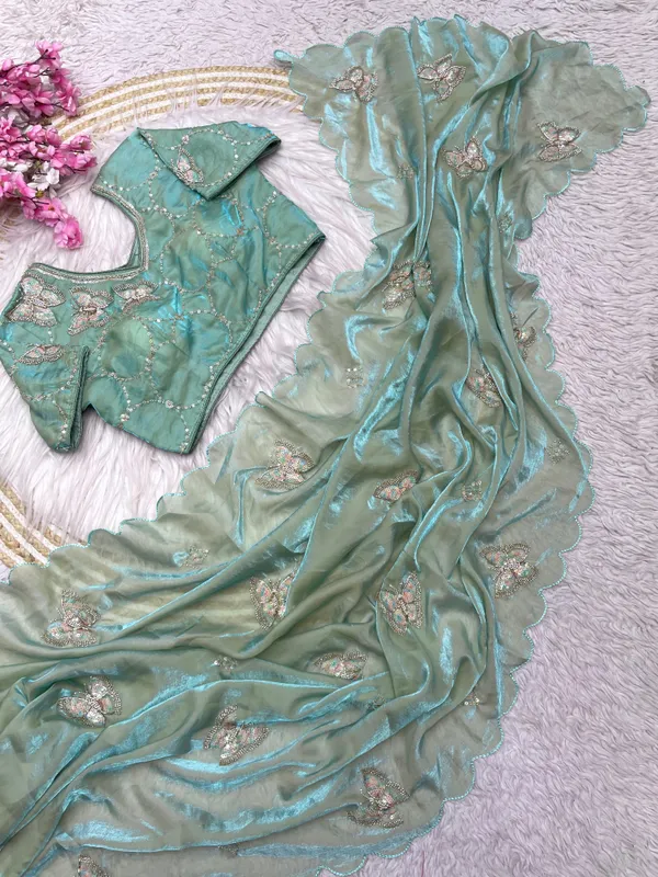 Aqua_Organza_Embroidered_Saree_For_Women