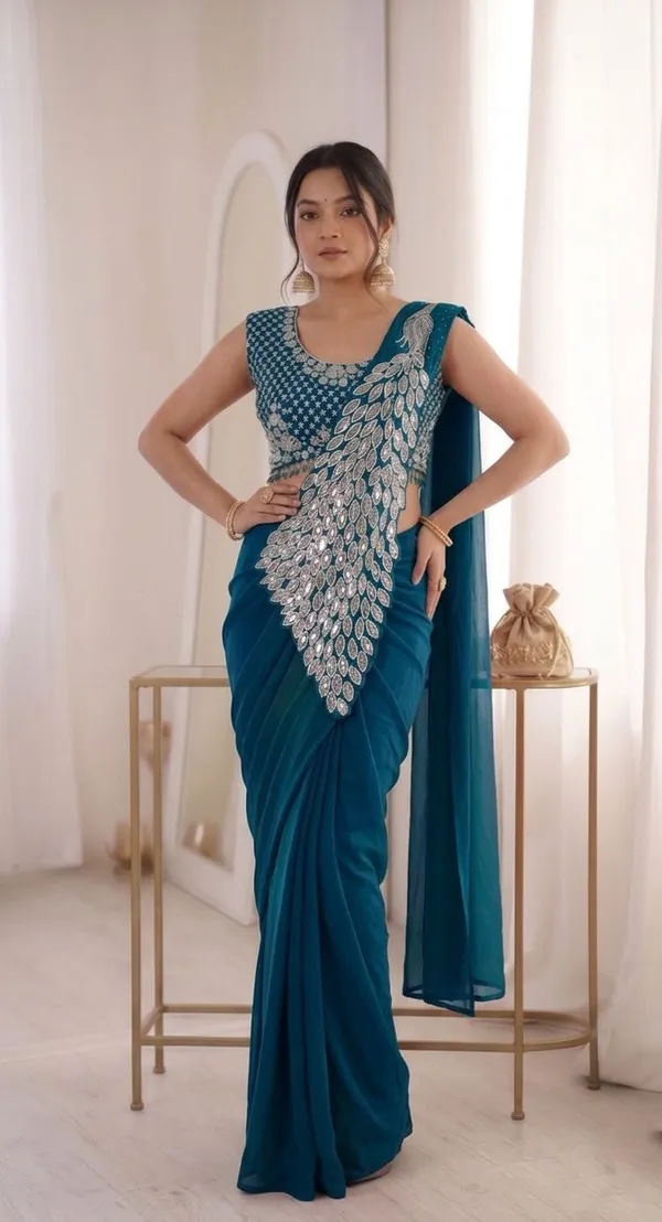 Teal_Embroidered_Saree_Set_For_Women