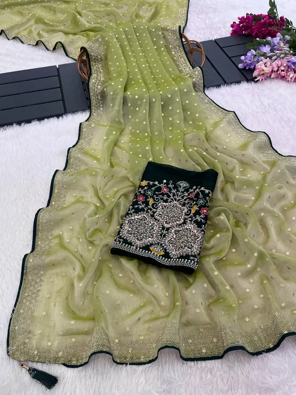 Olive_Green_Organza_Embellished_Saree_For_Women