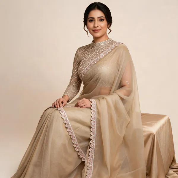 Champagne_Organza_Embellished_Saree_For_Women