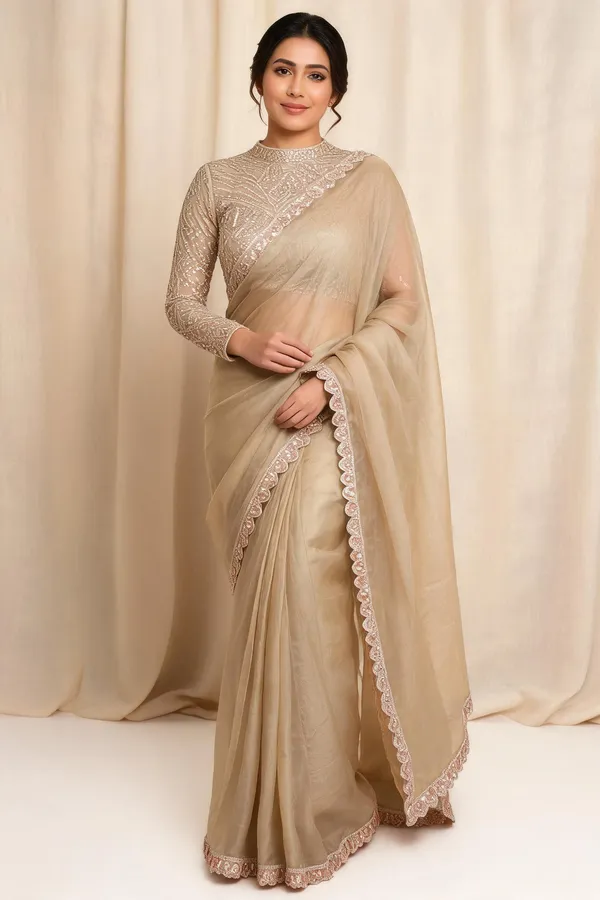 Champagne_Organza_Embellished_Saree_For_Women