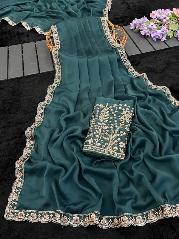 Teal_Chiffon_Embroidered_Saree_With_Blouse_Piece_For_Women