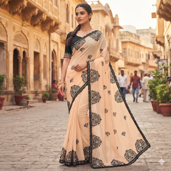 Cream_And_Black_Printed_Border_Saree_For_Women