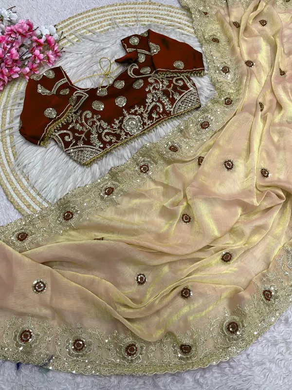 Cream_And_Maroon_Embroidered_Saree_For_Women