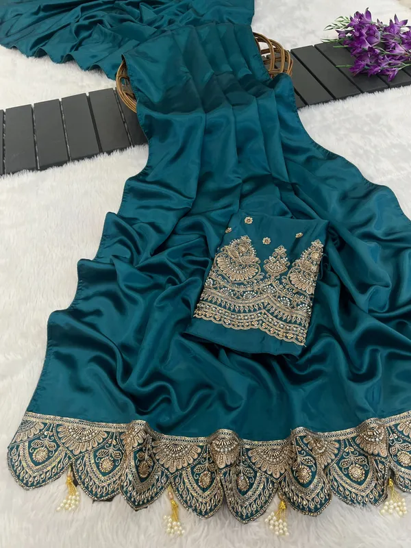 Teal_Satin_Embroidered_Saree_For_Women