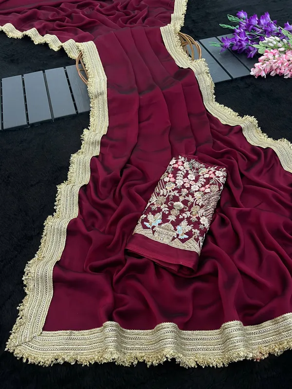 Maroon_Embroidered_Saree_With_Blouse_Piece_For_Women