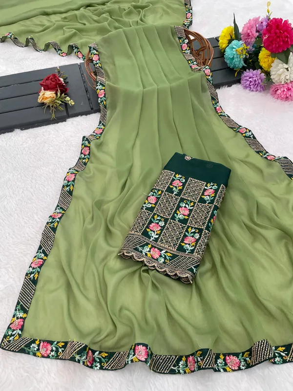 Green_Chiffon_Floral_Border_Saree_For_Women