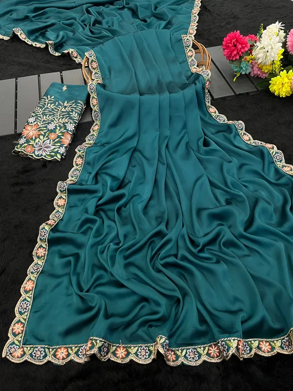 Teal_Embroidered_Saree_For_Women