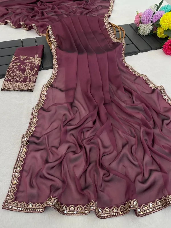 Wine_Embellished_Saree_With_Blouse_Piece_For_Women